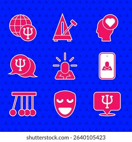 Set Depression, Comedy theatrical mask, Psychology, Psi, Psychologist online, Pendulum, Broken heart or divorce and  icon. Vector