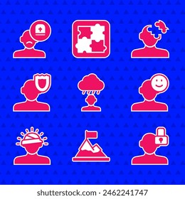 Set Depression and frustration, Mountains with flag top, Closed personality, Good mood, Concussion, headache, Psychology, Solution problem psychology and Male doctor icon. Vector