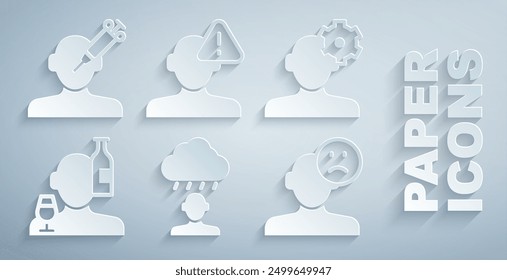 Set Depression and frustration, Solution problem in psychology, Alcoholism, Sad depressed man, bad mood, Finding and Addiction to the drug icon. Vector