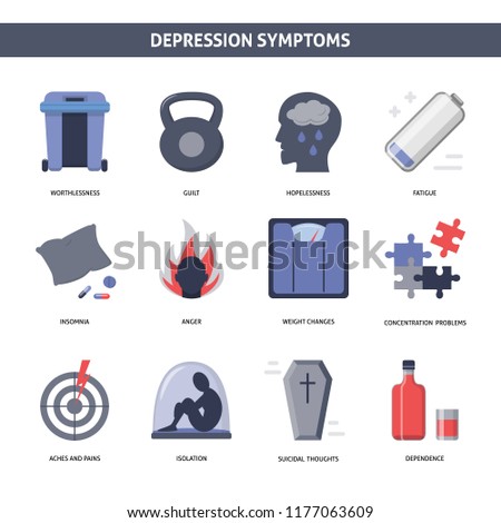 Set of depression symptoms icons in flat style