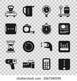 Set Depth measurement, Graph, schedule, chart, diagram, Area, Pressure water meter, Roulette construction, Scales and Stopwatch icon. Vector