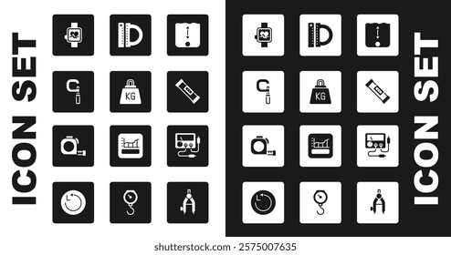 Set Depth measurement, Weight, Micrometer, Smart watch, Construction bubble level, Protractor and ruler, Multimeter, voltmeter and Roulette construction icon. Vector