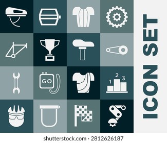 Set Derailleur bicycle rear, Award over sports winner podium, Bicycle chain with gear, Cycling t-shirt, cup, frame, helmet and seat icon. Vector