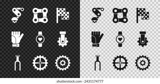 Set Descarrilador trasero de bicicleta, cadena de bicicleta, bandera a cuadros, horquilla, piñón de manivela, casete, guantes e icono de reloj inteligente. Vector