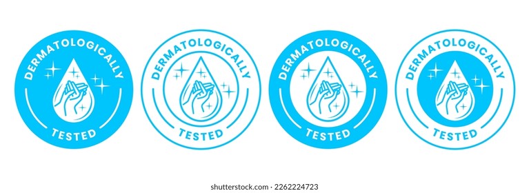 Set dermatologically tested vector label with water drop, leaf and hand logo. Dermatology test and dermatologist clinically proven icon for allergy free and healthy safe product package tag.