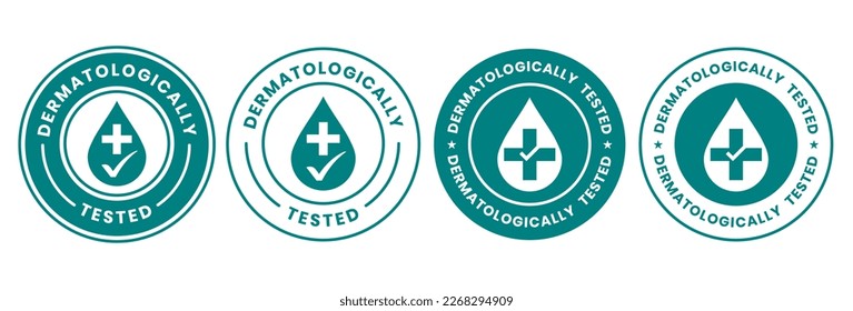 Set dermatologically tested vector label with water drop, leaf and hand logo. Dermatology test and dermatologist clinically proven icon for allergy free and healthy safe product package tag.