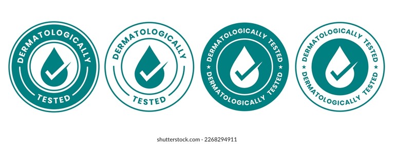 Set dermatologically tested vector label with water drop, leaf and hand logo. Dermatology test and dermatologist clinically proven icon for allergy free and healthy safe product package tag. - Shutterstock ID 2268294911