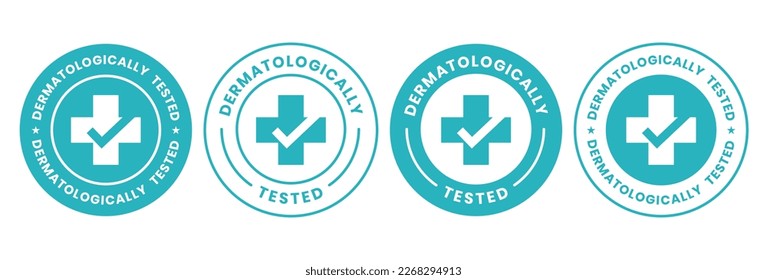 Set dermatologically tested vector label with water drop, leaf and hand logo. Dermatology test and dermatologist clinically proven icon for allergy free and healthy safe product package tag.