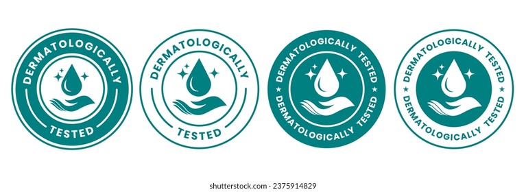 Set dermatologically tested vector label with water drop, leaf and hand logo. Dermatology test and dermatologist clinically proven icon for allergy free and healthy safe product package tag.