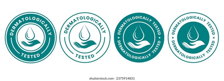 Stellen Sie dermatologisch geprüfte Vektorgrafik mit Wassertropfen, Blatt- und Handlogo ein. Dermatologie-Test und Dermatologe haben sich als Symbol für allergisches und gesundes Produkt-Paket klinisch bewährt.