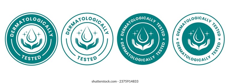 Set dermatologically tested vector label with water drop, leaf and hand logo. Dermatology test and dermatologist clinically proven icon for allergy free and healthy safe product package tag.