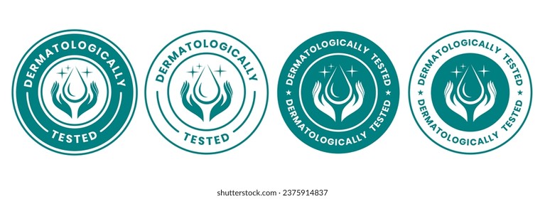 Set dermatologically tested vector label with water drop, leaf and hand logo. Dermatology test and dermatologist clinically proven icon for allergy free and healthy safe product package tag.