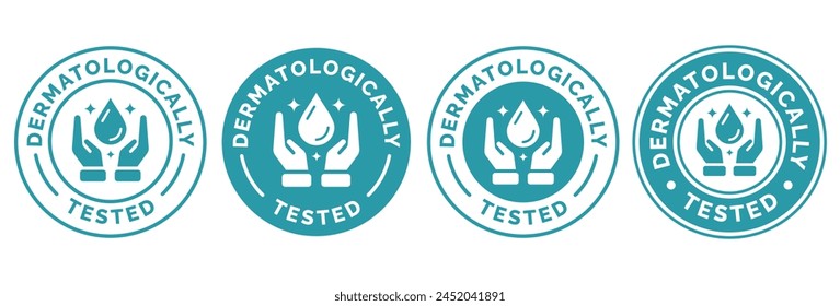 Set dermatologically tested vector label with water drop, leaf and hand logo. Dermatology test and dermatologist clinically proven icon for allergy free and healthy safe product package tag.