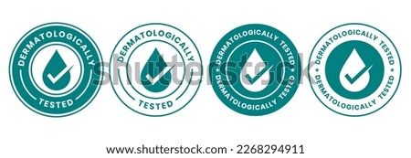 Set dermatologically tested vector label with water drop, leaf and hand logo. Dermatology test and dermatologist clinically proven icon for allergy free and healthy safe product package tag.