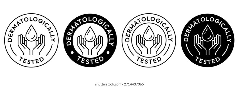 Conjunto dermatológicamente probado con gota de agua, hoja, garrapata, mano, ícono, etiqueta, logotipo, insignia, línea, Vector, aislado. Prueba dermatológica, dermatólogo, clínicamente probado, libre de alergias, producto para el cuidado de la piel.