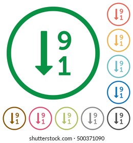 Set of Descending numbered list color round outlined flat icons on white background