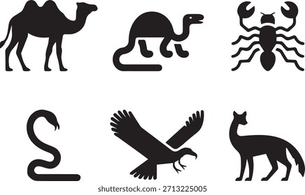 Set of desert animals, black and white vector silhouettes of wildlife species, isolated desert fauna collection for nature, ecology, and educational design