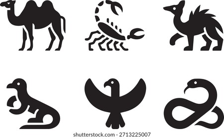 Set of desert animals, black and white vector silhouettes of wildlife species, isolated desert fauna collection for nature, ecology, and educational design