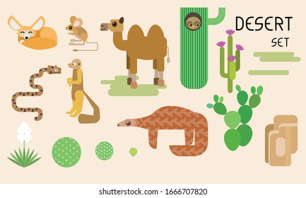 Set of desert animals and plants