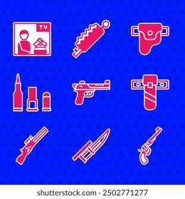 Pistola de águila del desierto, bayoneta en el rifle, revólver, funda de cuchillo, caza, bala, pistola e icono de arma de publicidad. Vector