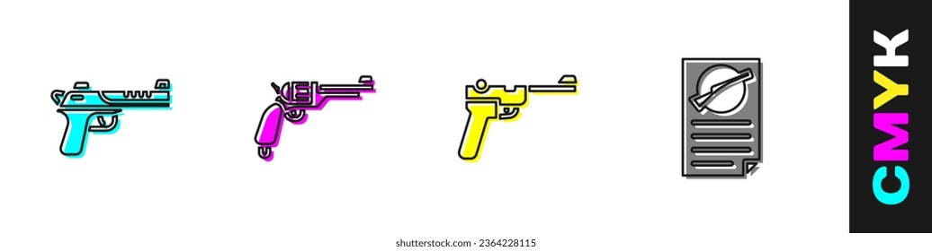 Indique el icono de la pistola de águila del desierto, Revolver, Mauser y el certificado de licencia de armas de fuego. Vector