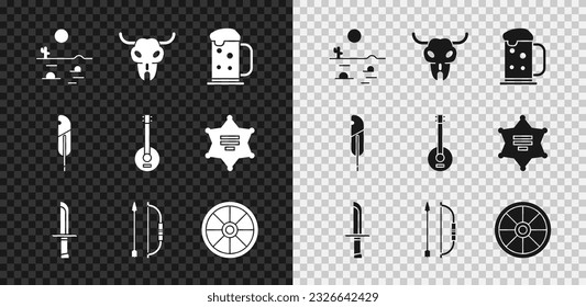Ajuste el paisaje del desierto con cactus, cráneo de búfalo, tazas de cerveza de madera, navaja militar, flecha de barbacoa en el quiver, rueda de madera antigua, pluma de pluma y icono de banjo. Vector