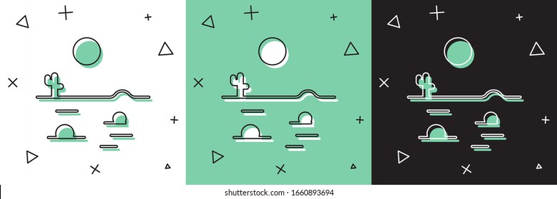 Ajuste el paisaje del Desierto con icono de cactus aislado en fondo blanco y verde, negro. Ilustración vectorial