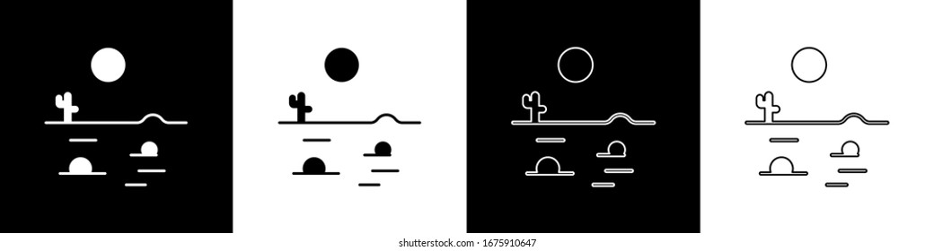 Set Desert landscape with cactus icon isolated on black and white background.  Vector Illustration