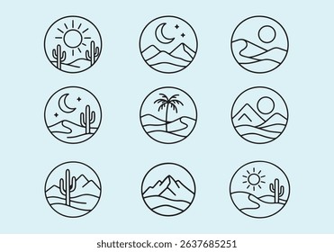 A set of desert landscape icons featuring cacti, mountains, palm trees, sun, and moon, all in a minimalist line art style on a light blue background.