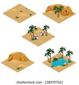 Set of desert landscape isometric tiles. Tile set for cartoon or game scene. Oasis in desert, nomad camp, sand dunes, palms, rocks. Isolated isometric tiles for game asset, vector illustration