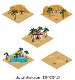 Set of desert landscape isometric tiles. Tile set for cartoon or game scene. Oasis in desert, Bedouins camp, sand dunes, palms, rocks. Isolated isometric tiles for game asset, vector illustration