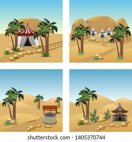 Set of desert landscape scenes for cartoon or game background. Sand dunes, rock, palms, nomad camp, cactuses. Vector illustration