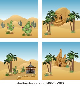Set of desert landscape scenes for cartoon or game background. Sand dunes, rock, palms, nomad camp, cactuses. Vector illustration
