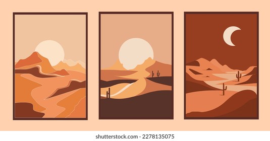 set of desert landscapes with sand dunes and mountains vector illustration design. wall art print poster