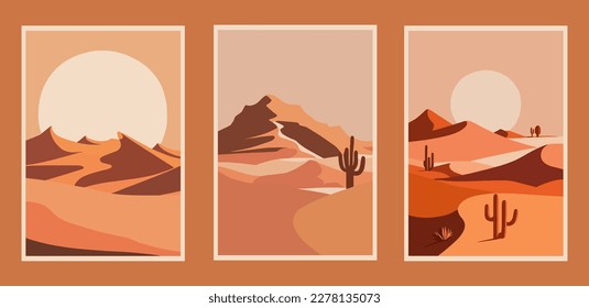 Conjunto de paisajes desérticos. Ilustración vectorial en estilo plano. Plantillas para carteles, carteles, folletos. cartel de impresión de arte mural