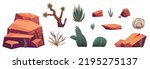 Set of desert mountain rocks and cacti, tumbleweed, stones, green piked plants. Isolated natural elements, wild west or african nature flora for game formation, Cartoon vector illustration, icons