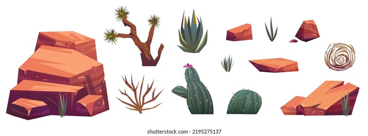 Set of desert mountain rocks and cacti, tumbleweed, stones, green piked plants. Isolated natural elements, wild west or african nature flora for game formation, Cartoon vector illustration, icons