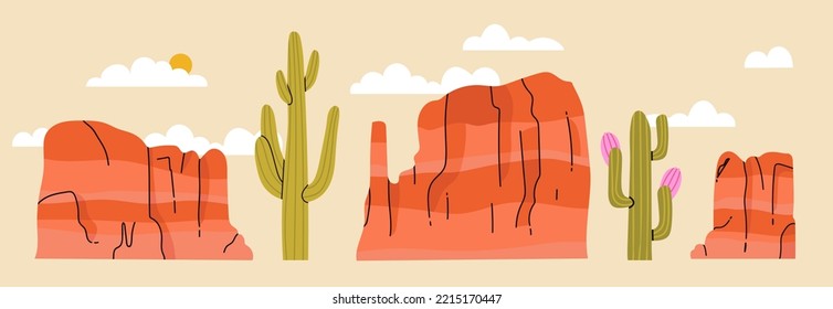 Set of desert mountain rocks and cacti, green piked plants. Isolated natural elements, wild west or african nature flora for game formation, Cartoon vector illustration, icons