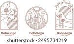 Set Desert oasis khaki boho logo set. Cactus. sand landscape aesthetic icon.