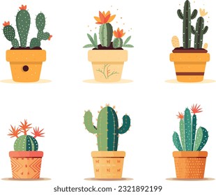 set of desert plant pots vector illustration, set of cactus plant pots vector illustration, set of indoor plant pots illustration