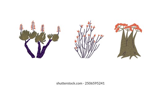 Set of desert plants in flat style. Summer, desert, plants. Hand drawn vector illustration.