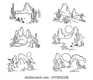 Set of desert scene with cacti. Collection of sand terrain of Africa, Sahara, or Arizona nature. Logo of desert landscape with cactus, bull skull, sunset. Vector illustration of wild west.