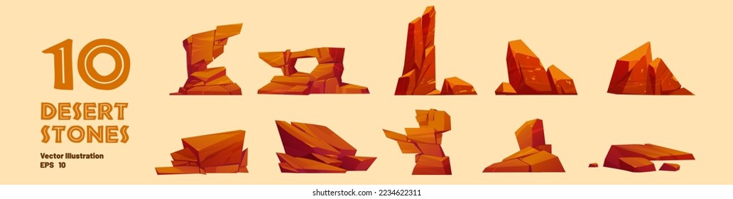 Set of desert stones, mountain rock lumps and pieces. Natural geological materials, textures for pc game formation isolated ui or gui elements, Cartoon vector illustration, icons collection