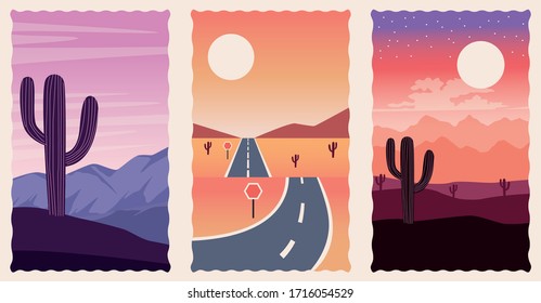 set of deserts landscapes flat scenes vector illustration design