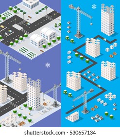 Set for design 3d cityscape city street public house on top of a block intersection of highway transportation road. Isometric view of skyscraper office buildings and residential construction area