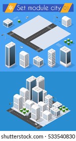 Set for design 3d cityscape city street public house on top of a block intersection of highway transportation road. Isometric view of skyscraper office buildings and residential construction area