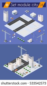 Set for design 3d cityscape city street public house on top of a block intersection of highway transportation road. Isometric view of skyscraper office buildings and residential construction area