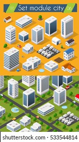 Set for design 3d cityscape city street public house on top of a block intersection of highway transportation road. Isometric view of skyscraper office buildings and residential construction area