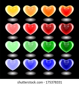 Set of design 3d multicolor heart icons. Emblems for Valentine's Day and wedding. Vector-art illustration on a black background. EPS10
