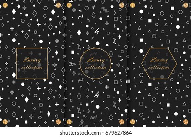 A set of design backgrounds with a black and white pattern with geometric elements, a gold frame and small disks with a conical gradient.